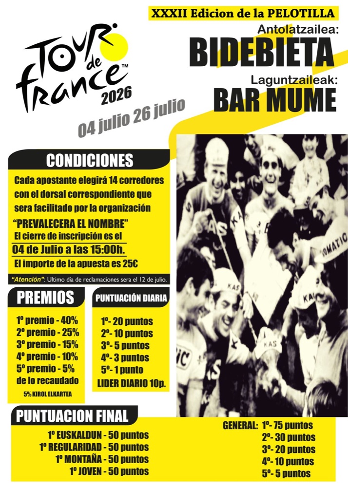 Cartel de la porra del Tour de Francia 2026, XXXII Pelotilla de Bidebieta Jatetxea con el Bar Mume