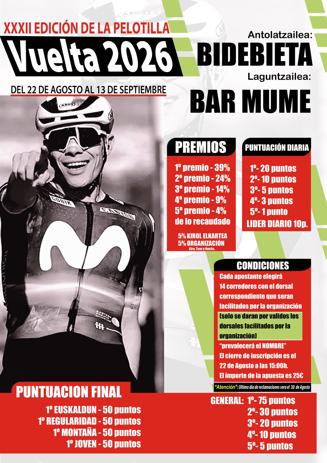 Cartel de la porra de la Vuelta a España 2026, XXXII Pelotilla de Bidebieta Jatetxea con el Bar Mume
